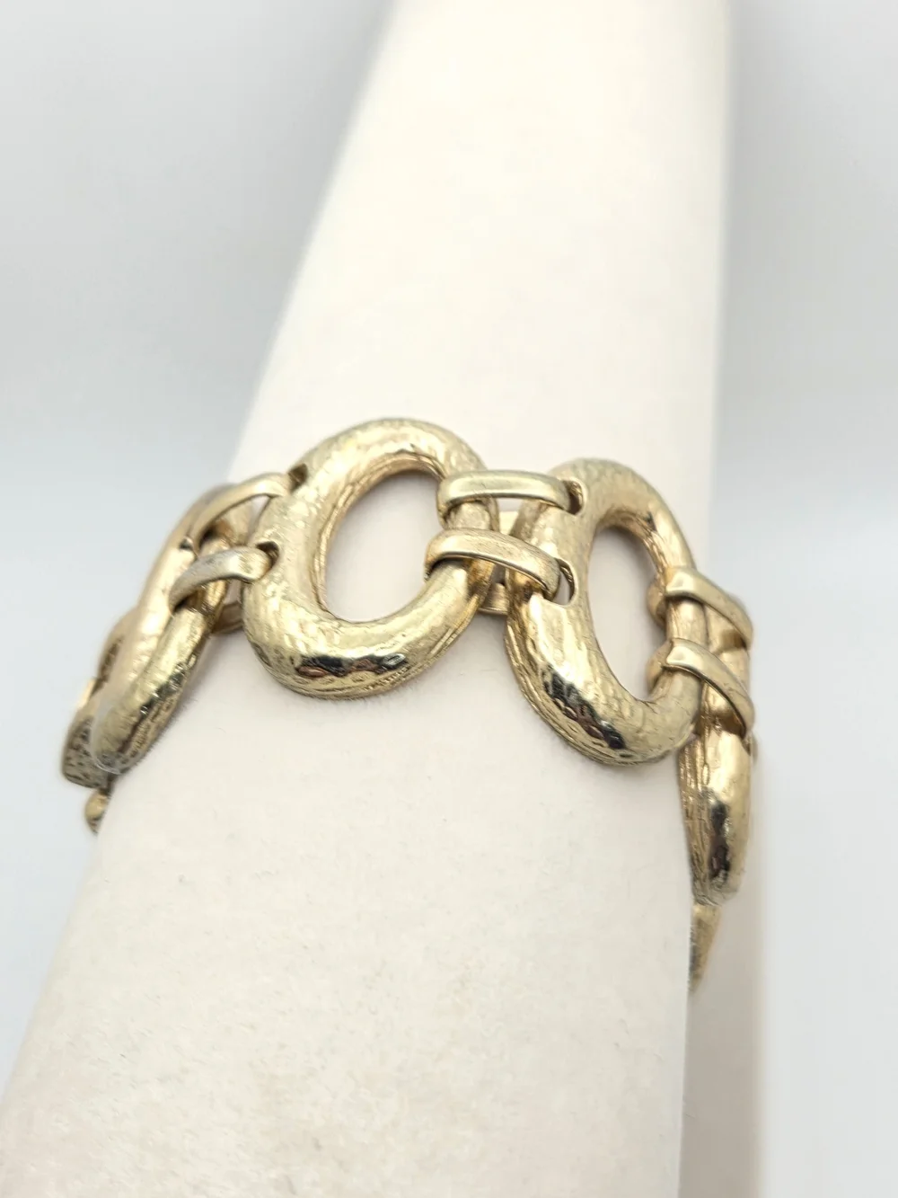 Vintage Hammered Gold Tone Oval Link Statement Bracelet